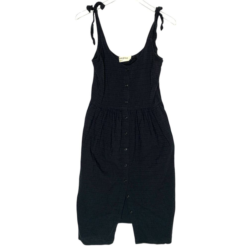 Eve Gravel Suzy Dress XS Black Textured 100% Cotton Bow Straps Button Front
